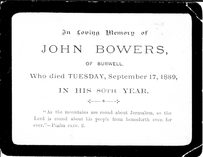 John Bowers death card, 1889